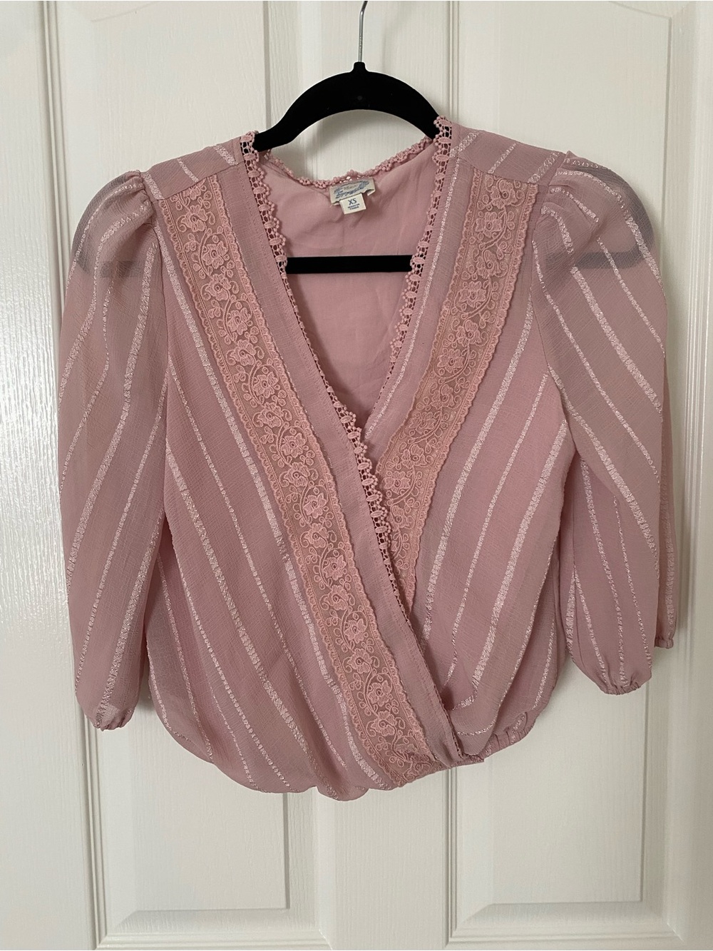 Blue Rain Dusty Pink Lace-Trim Wrap Blouse